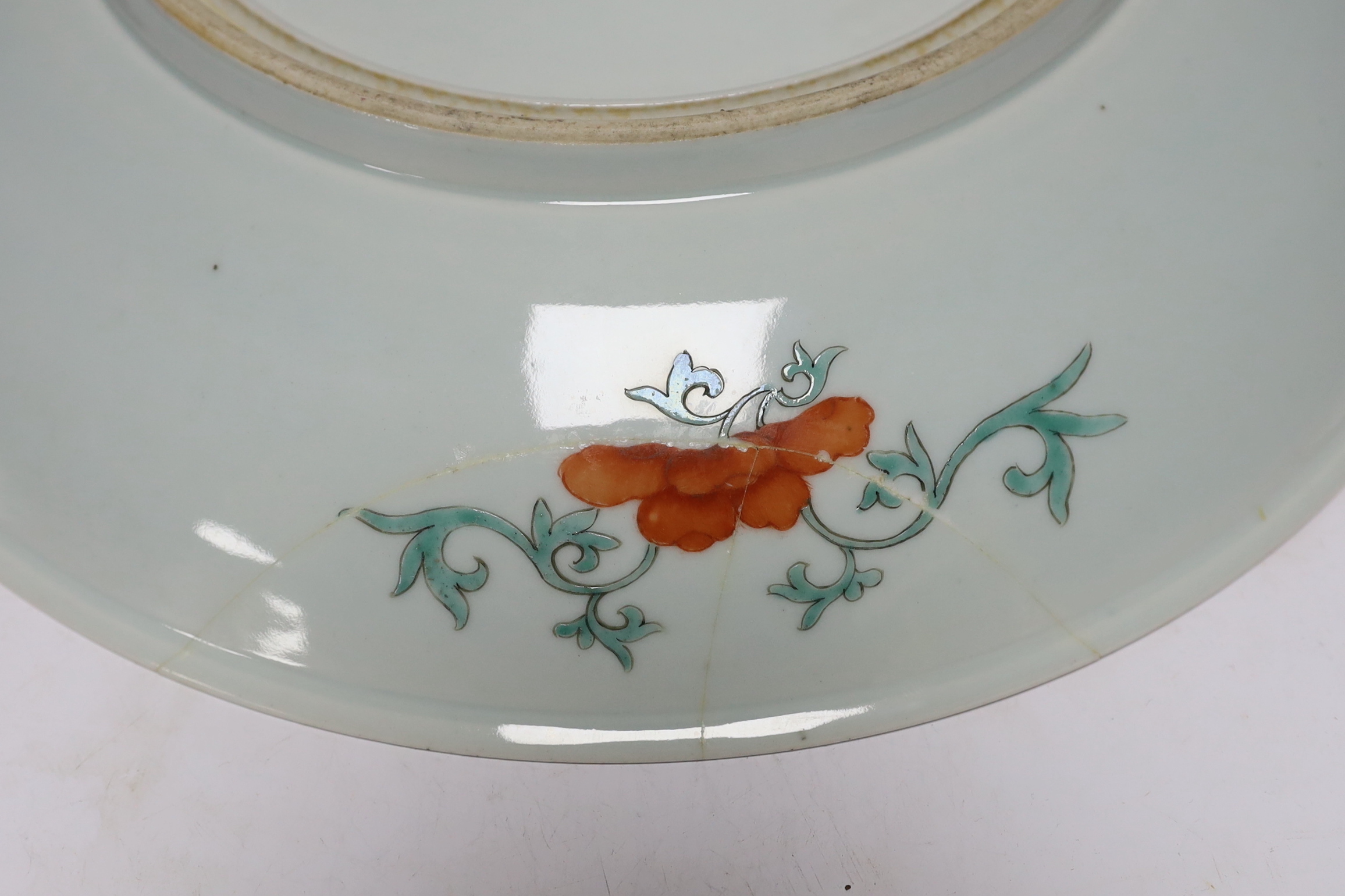 A Chinese millefleur enamelled porcelain dish, six character Qianlong seal mark, but late 19th/early 20th century, 38cm diameter and a Korean celadon vase